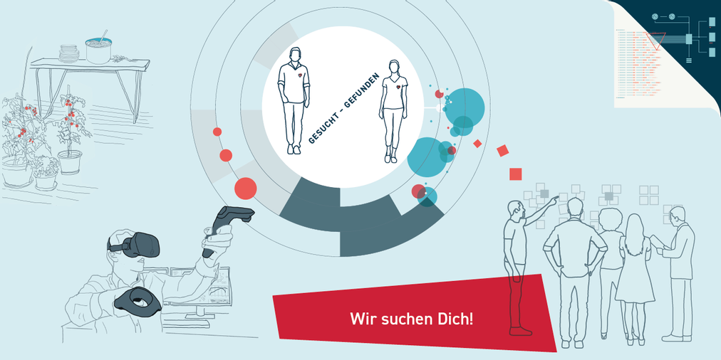 Illustration zur Personalsuche mit inhaltlichen Schwerpunkten der Stelle - PM, Datenvisualisierung und Abreitskultur